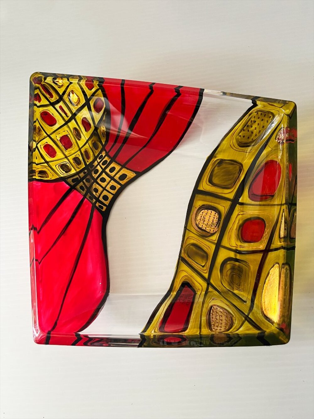 Studio Art Glass Centerpiece Bowl Freeform Square Dish Red Gold Black Signed